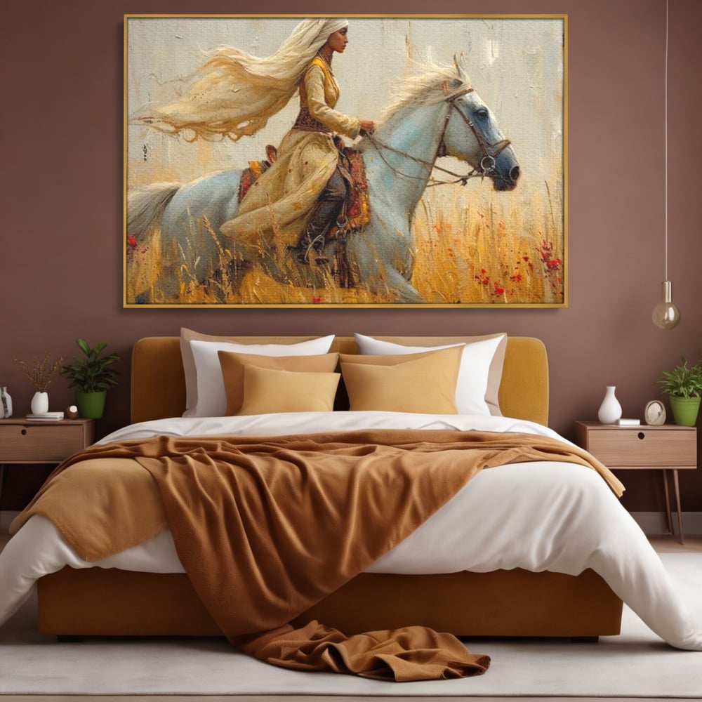 Tablou canvas cu tablou canvas cu femeie calare, in rama de aluminiu auriu, pe perete intr-un dormitor